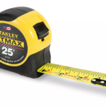 A 25-foot Stanley FatMax tape measure with a yellow and black design, displaying measurement markings.