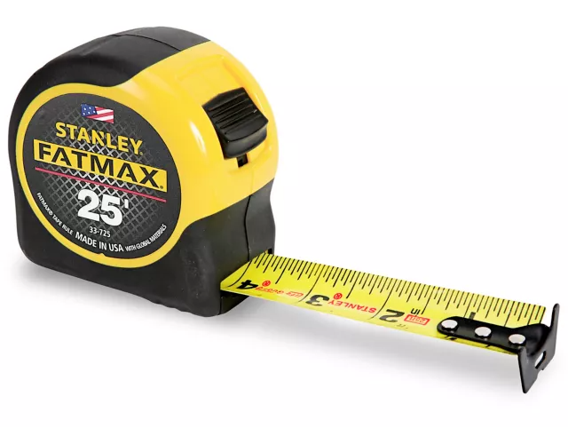 A 25-foot Stanley FatMax tape measure with a yellow and black design, displaying measurement markings.