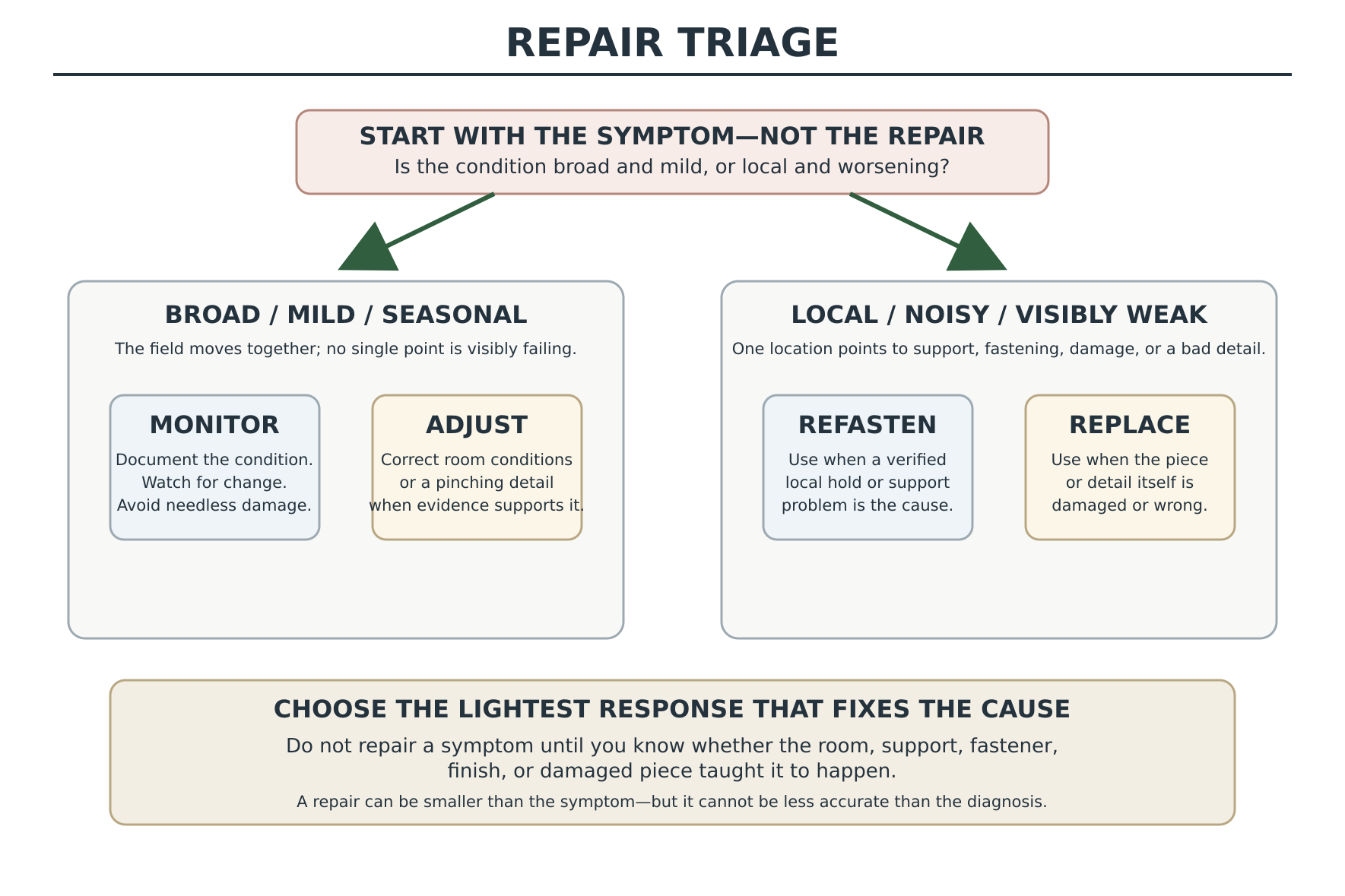 Tongue-and-groove ceiling repair triage: diagnose the cause before choosing to monitor, repair, or replace.