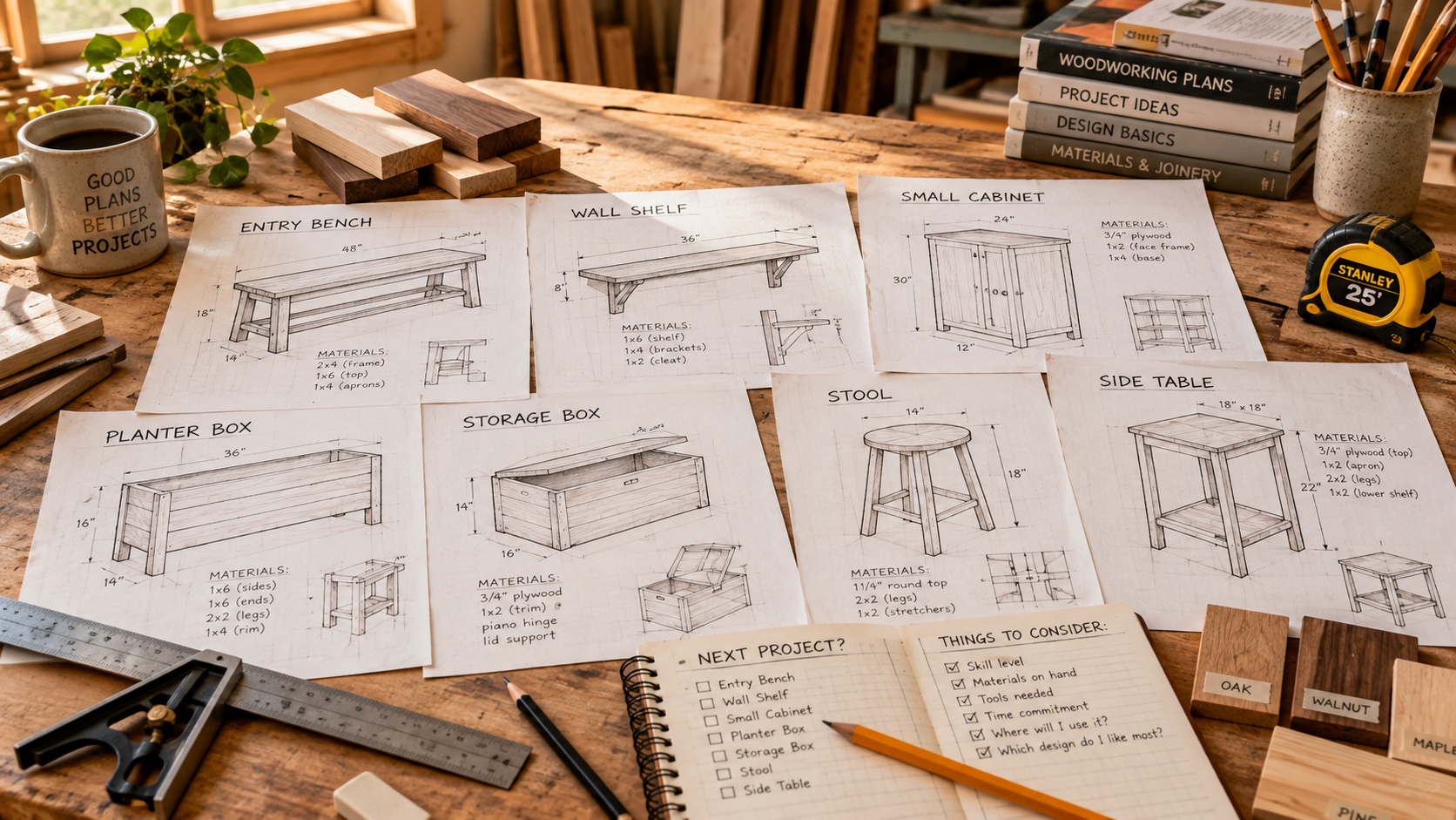 Woodworking plans for several project designs spread across a workbench with drafting tools and wood samples.