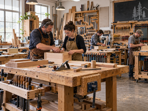 Woodworking instructor guiding a student at a bench during a hands-on woodworking workshop.