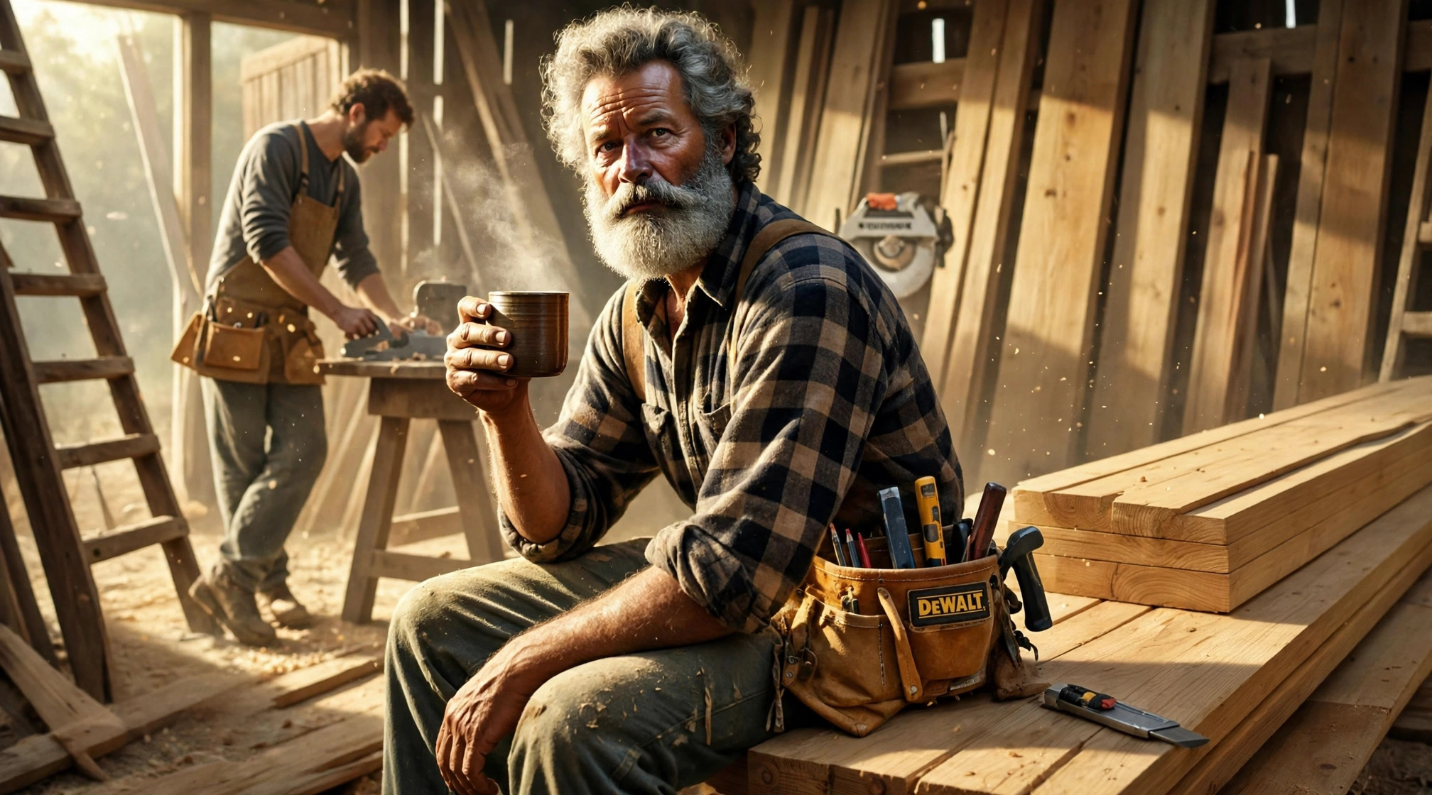 Illustration of a bearded carpenter on a coffee break in a sunlit workshop, seated beside stacked tongue-and-groove boards while another carpenter planes wood in the background.